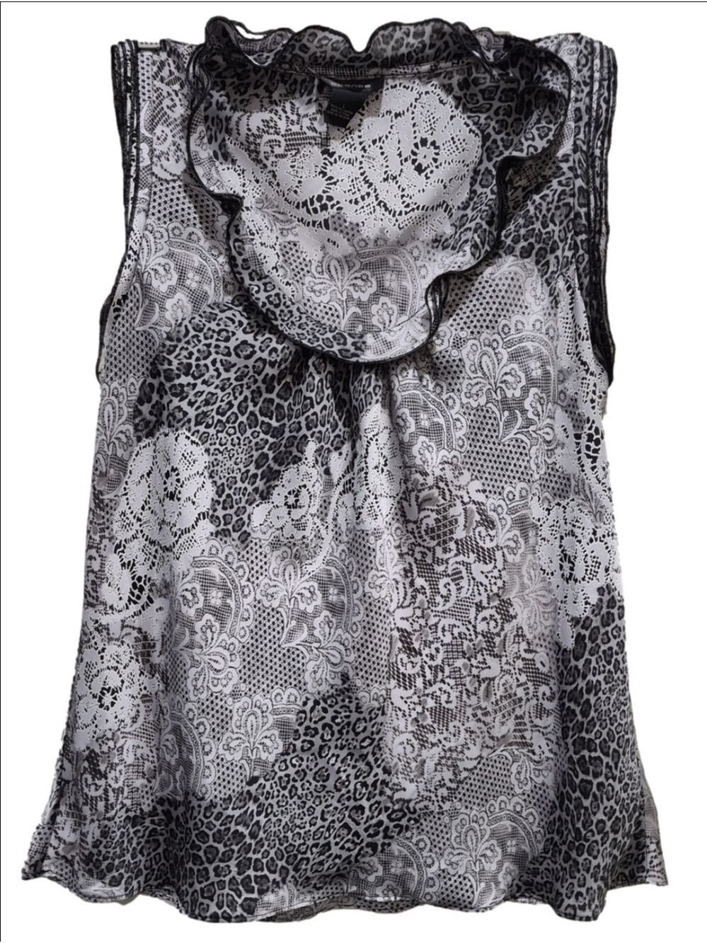 Spense Black & White Mixed Print Ruffle Neck Sleeveless Blouse L